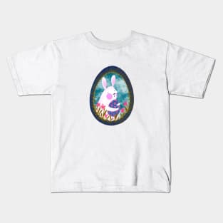 Cute white bunny with floral easter egg decoration on blue sky, version 5 Kids T-Shirt